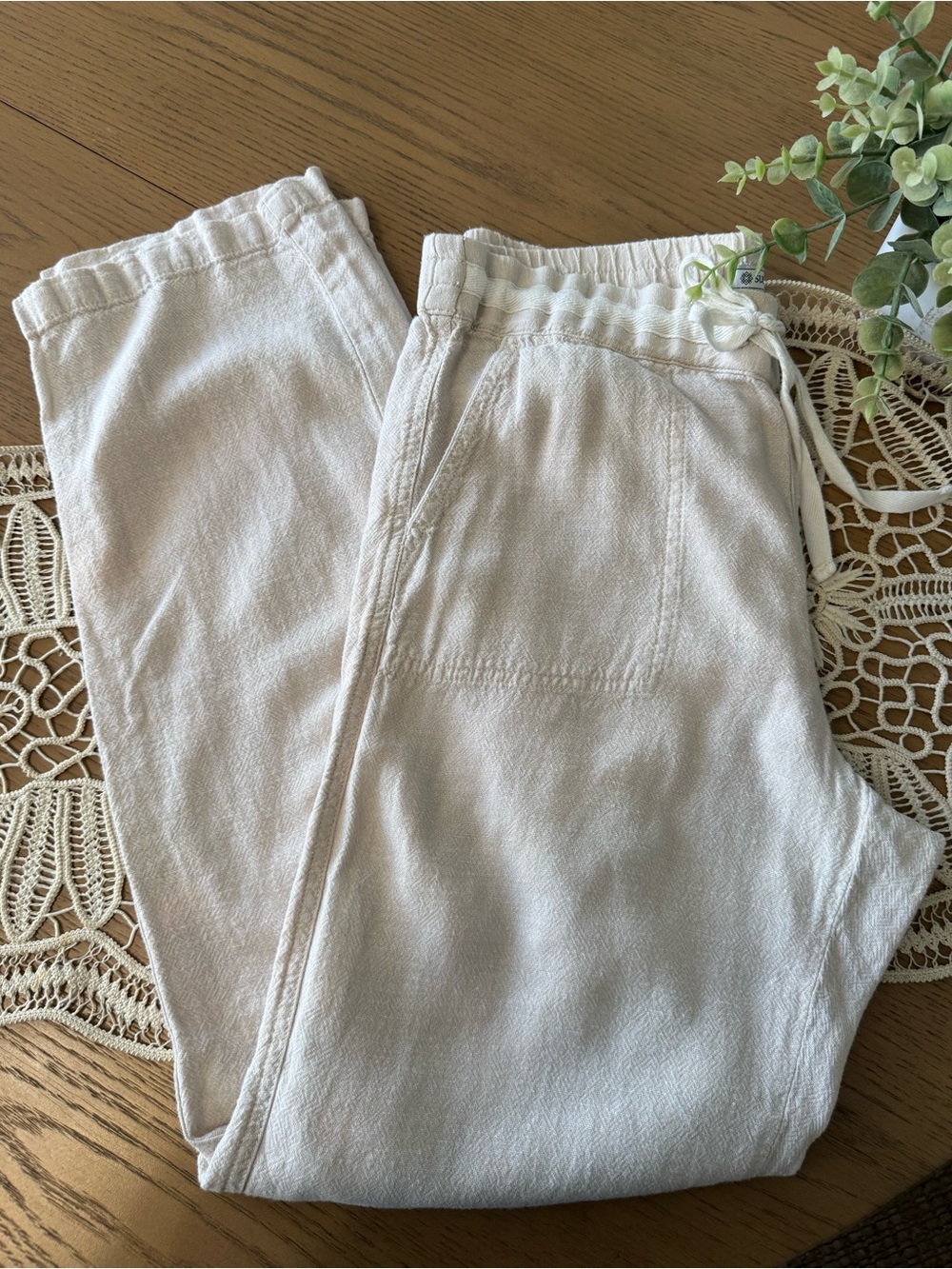 Susina Linen Blend Ivory Wide Leg Drawstring Pants Size Medium